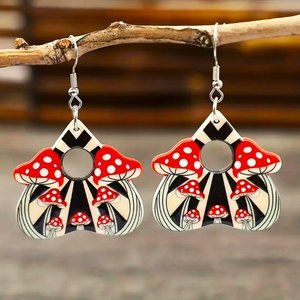 Mushroom Dangle Earrings Groovy Red Polka Dots Boho Hippie Core GIFT Trippy